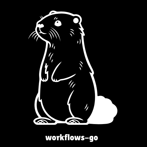 A white beaver on a black background with 'workflows-go' as a footer